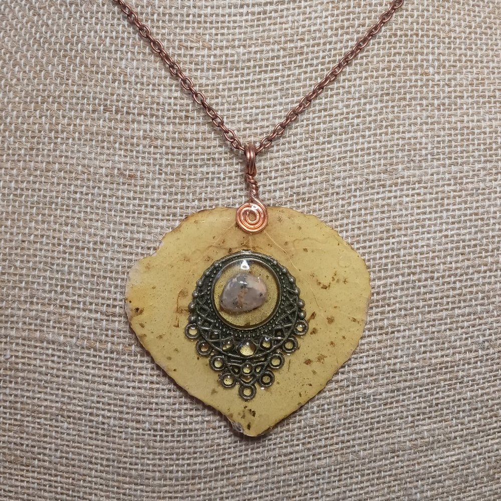 All Natural Real Aspen Leaf and Agate Stone Pendant Necklace